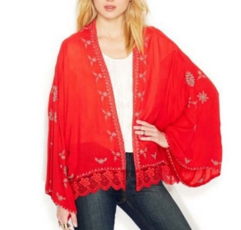Free People Boho Embroidered Kimono Jacket with Lace Hem Size L - Picture 2 of 13